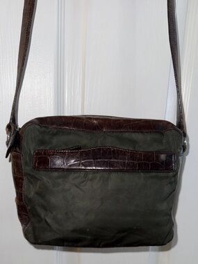Prada Milano Vintage Crossbody Bag Green Nylon With Brown Leather Trim & Strap